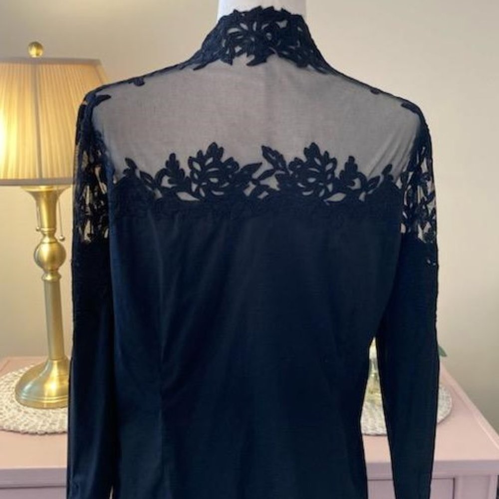 White House Black Market Sheer Lace-Accent Black Blouse - Picture 6 of 10